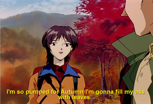 meme of anime woman talking to anime man with autumn trees in the background. caption says I'm so pumped for autumn I'm gonna fill my ass with leaves